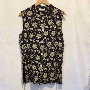 Sue Brett Women's Floral Blouse Size M/L Blue and Purple Check Pattern Button Up